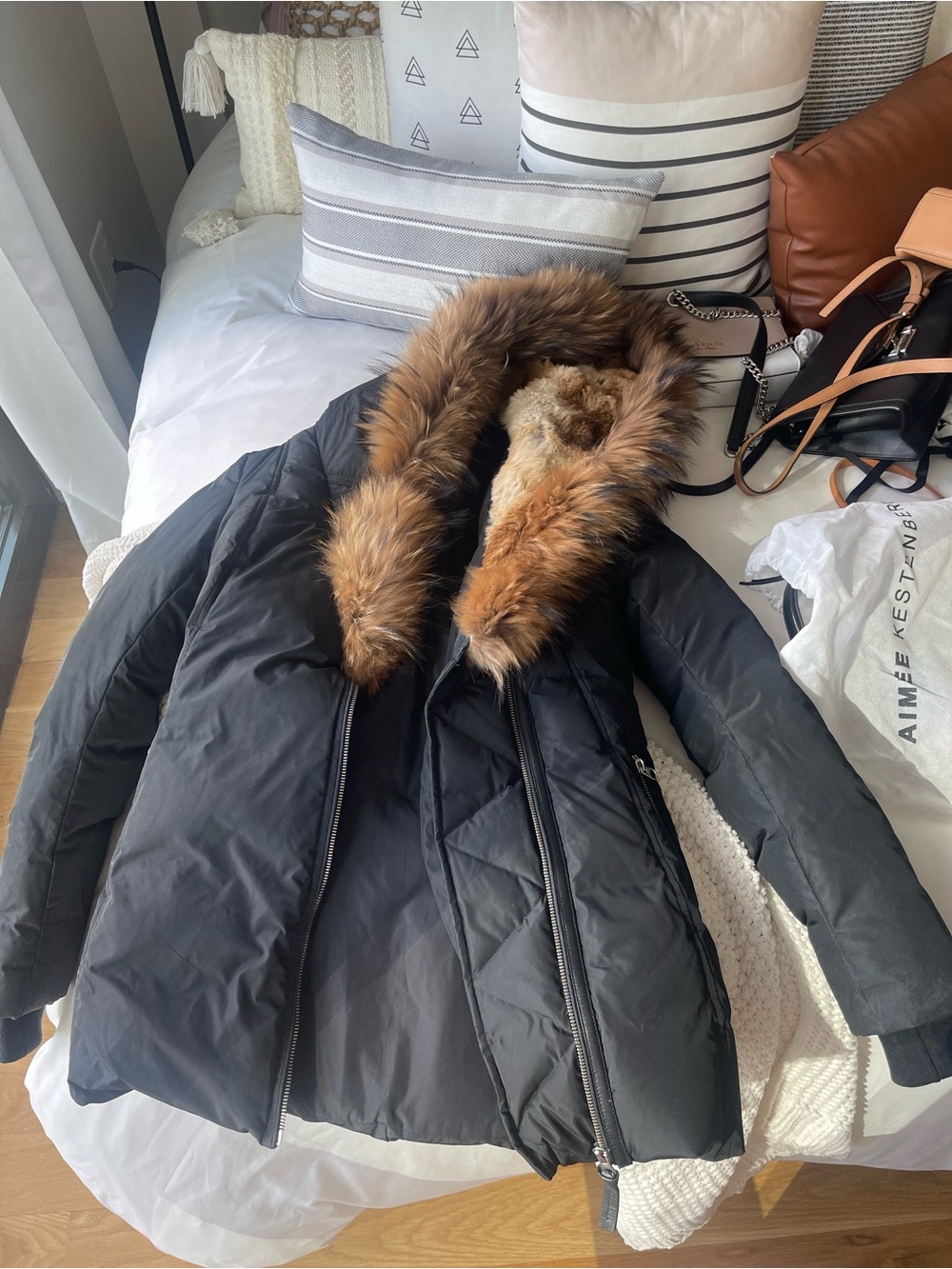 Mackage Black Puffer Coat with Brown Fur Trim